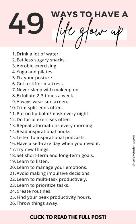 Learn how to become your best self inside and out with these 49 ideas! Have the ultimate life glow up now and improve your mental, physical, and emotional health! #glowup #selfcare #mentalhealth Inspirational Podcasts, Fix Your Posture, Journal Lists, Self Care Bullet Journal, Get My Life Together, Your Best Self, Self Care Activities, Self Care Routine, Inspirational Books