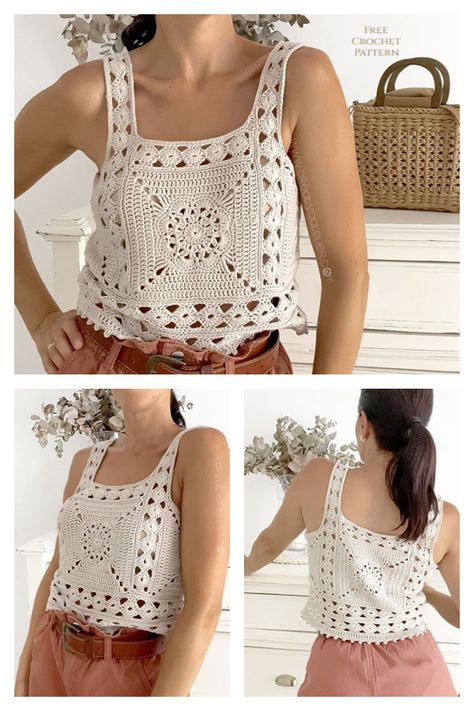 Crochet Summer Tops Granny Squares, Single Granny Square Top, Crochet Granny Square Summer Top, Crochet Granny Square Tank Top Free Pattern, Crochet Tops Free Patterns Granny Square, Crochet Granny Square Tops Free Patterns, Granny Square Shirt Pattern Free, Granny Square Crochet Top Free Pattern, Summer Top Crochet Pattern Free