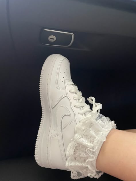 airforces,frilly socks Frilly Sock Outfits, Ruffle Trim Socks Outfit, Ankle Ruffle Socks, Ruffle Socks With Heels, Socks With Frills, Frilly Socks With Sneakers, Lace Socks With Sneakers, Frilly Socks Aesthetic, Ruffle Socks With Sneakers