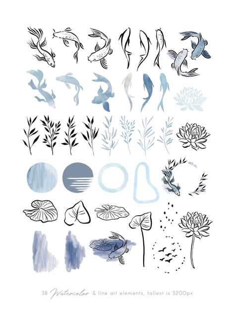 "Happy to present you my new \"Blue Fish & line art\" clipart set! The ink line art illustrations are paired with elegant watercolors, simple botanicals and abstract shapes. Some elements are slightly transparent which is great for creating interesting overlays. This versatile set is perfect for creating prints, cards, invitations, packaging and anything else you can think of! This DIGITAL file contains: * 38 ink koi fish, lotus flower, line art, abstract shapes & botanical illustrations Koi Fish Outline, Lotus Flower Line Art, Watercolor Fish Tattoo, Watercolor Outline, Koi Fish Illustration, Fish Line Art, Small Fish Tattoos, Fish Nail Art, Pond Drawing