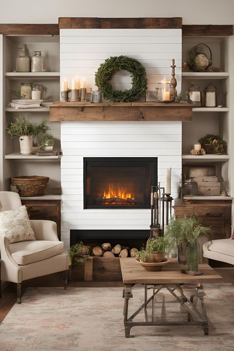 25 Must-Have Farmhouse Electric Fireplace Ideas for a Charming Winter Wonderland - PortablePowerGuides Electric Fireplace Ideas Mobile Home, Country Kitchen With Fireplace, White Shiplap Electric Fireplace Wall, How To Build An Electric Fireplace Wall, Electric Fireplace Ideas Farmhouse, Living Rooms With Electric Fireplaces, Ventless Fireplace Ideas Living Rooms, Fireplace With Mantle Ideas, Modern Traditional Fireplace Ideas