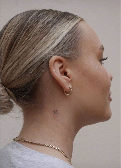 Number Neck Tattoos Women, Number Fine Line Tattoo, Neck Number Tattoo, Number Tattoos For Women, Nape Tattoo Women Minimalist, Dainty Neck Tattoos, 27 Tattoo Number, Small Throat Tattoo, Fine Line Number Tattoo