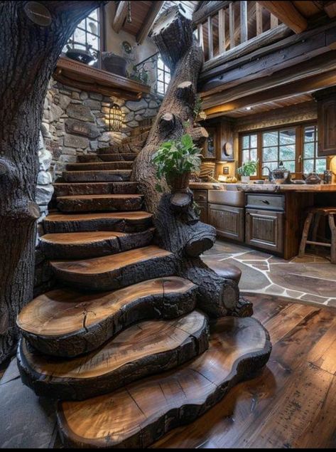 Log Staircase, Log Stairs, Tree Stairs, Amazing Staircases, Cabin Stairs, Rustic Stairs, Log Cabin Interior, Stairs Architecture, Dream Life House