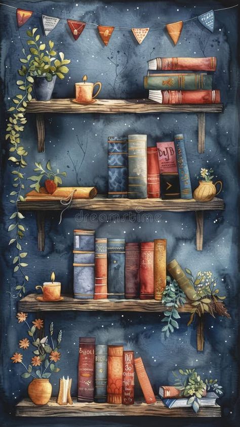 Watercolor illustration with a shelf of books and flowers in pots. stock images Books On Shelf Drawing, Floral Bookshelf, Bookshelf Clipart, Shelf Of Books, Books And Flowers, Flowers In Pots, Watercolor Books, Book Flowers, Pretty Pics