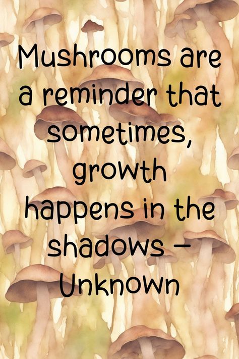 Fungi Quote: Mushrooms are a reminder that sometimes, growth happens in the shadows – Author Unknown Mushroom Motivational Quotes, Spiritual Meaning Of Mushrooms, Magic Mushroom Aesthetic, Mushroom Quotes Aesthetic, Mushroom Sayings Quotes, Fungi Quotes, Mushroom Quotes Funny, Mushroom Quotes Life, Quotes About Mushrooms