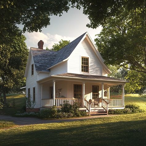 Discover the charm of village life with this picturesque two-story house! 🏡✨ The off-white exterior, cozy front porch, and lush green surroundings create a perfect escape from the everyday hustle. 🌿🌞 Embrace the warmth and tranquility of a home bathed in soft afternoon light. 💫💕 From its rustic charm to its traditional design, this house is the epitome of peaceful living. 🛋️🏞️ #CountryLiving #VillageHouse #RusticCharm #CozyHome #PeacefulRetreat #TraditionalDesign #HomeSweetHome #Countrysi... Old Style Country Homes, Small White Country House, Country Houses Aesthetic, Cute House With Porch, White House With Wrap Around Porch, Old Victorian House Exterior, Small House With Wrap Around Porch, White Two Story House, Ranch House Porch