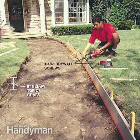 How to Pour a Concrete Sidewalk - Make it smooth, durable and crack-free. Concrete Sidewalk, Concrete Path, Concrete Walkway, Concrete Bricks, Poured Concrete, Concrete Projects, Garden Pathway, Family Handyman, Concrete Patio