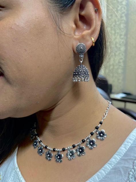 Silver Oxidized Choker, Silver Oxidized Jewelry Sets For Navratri, Navratri Silver Jewelry With Oxidized Finish, Oxidised Choker, Oxidized Metal Necklace For Navratri, Silver Oxidized Necklace For Navratri, Jhumki Earrings, Jewellery Making, Choker