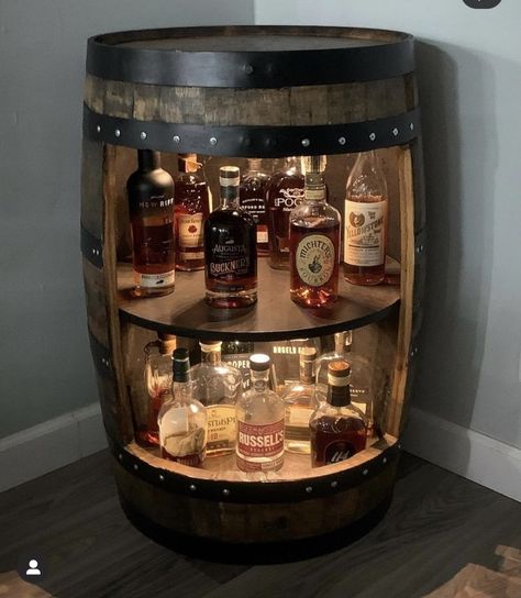 Bar Room Furniture Ideas, Barrel Bar Ideas, Outdoor Bar Ideas Backyards Diy, Bourbon Barrel Projects, Western Bar Ideas, Liquor Storage Ideas, Whiskey Barrel Bar Cabinets, Wall Bar Ideas For Home, Bar Room Ideas In House