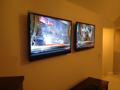 Gameday will never be the same with these two TVs mounted in the game room! Catch both your favorite games at the same time done by Mounting Your T.V https://www.facebook.com/pages/Mounting-Your-TV/187839424626920 Multiple Tv Wall, Multiple Tv Wall Ideas, Home Office With Tv, Office With Tv, Log Image, Tv Setup, Bedroom Tv Wall, Tv Mounting, Bedroom Inspirations Minimalist