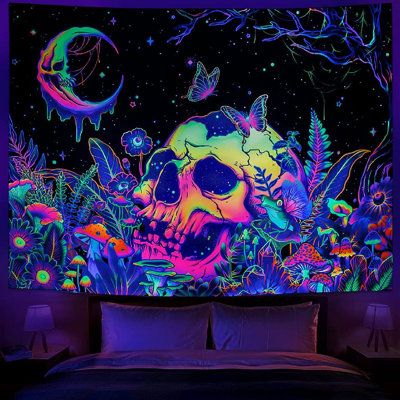 MATERIAL:UV reactive moon stars tapestry is made of lightweight polyester fiber, soft and comfortable, lightweight and easy to hang. Size: 70.8" H x 70.87" W x 0.01" D | East Urban Home Wall Decor, Polyester in Black / Blue, Size 70.8 H x 70.87 W x 0.01 D in | Wayfair | Home Decor Black Light Room Ideas, Light Room Ideas, Black Light Tapestry, Black Light Room, Plant Tapestry, Mushroom Tapestry, Skull Tapestry, Space Tapestry, Trippy Mushroom