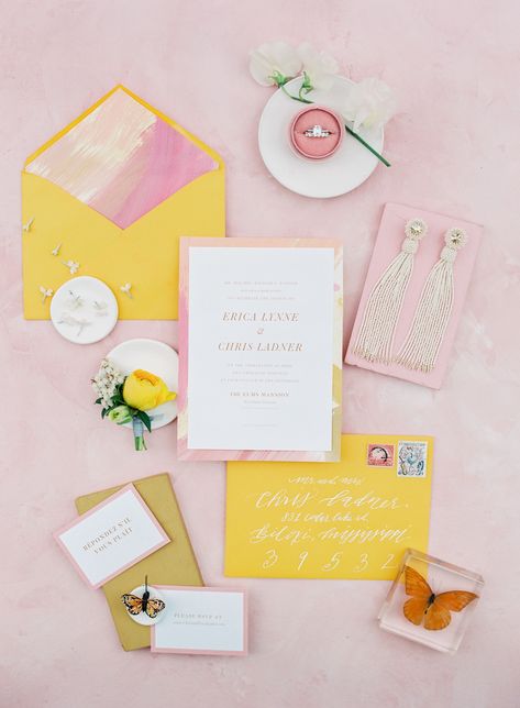 Romantic Pink and Yellow Wedding Invitations with Calligraphy Pink And Yellow Wedding, Yellow Wedding Invitations, Romantic Wedding Cake, Rose Centerpieces, Themed Wedding Invitations, Yellow Bridesmaids, Colorful Bouquet, Real Weddings Photos, Beautiful Wedding Invitations