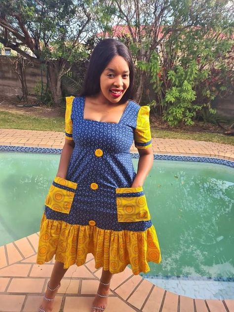 Seshweshwe Dresses Design African Style, Modern South African Traditional Dresses, Modern Sepedi Traditional Dresses, Seshweshwe Dresses, Sotho Traditional Dresses, Pedi Traditional Attire, South African Traditional Dresses, African Designers, African Traditional Wear