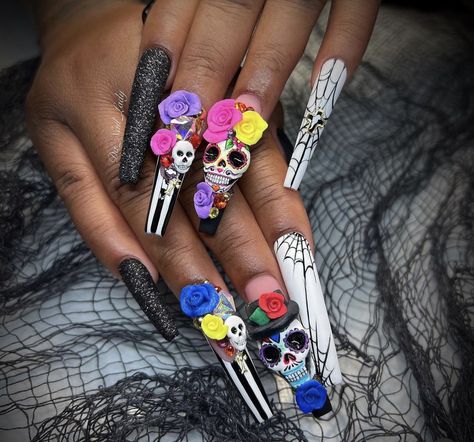 Competition Nails, Sugar Skull Nails, Holiday Themed Nails, Nail Pics, Skull Nails, Cute Halloween Nails, Y2k Nails, Hair Shows, Uñas Acrilicas