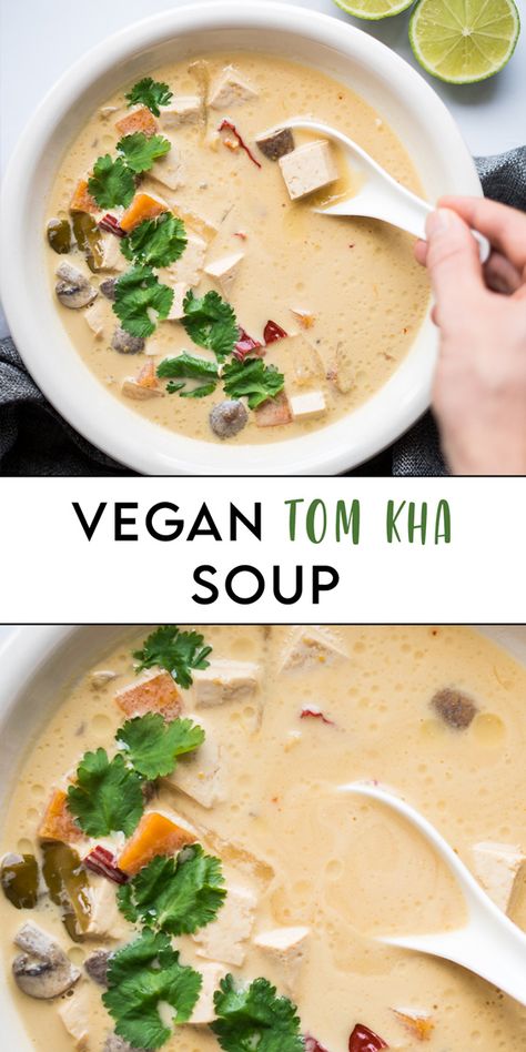 Tofu Tom Kha Soup, Vegetarian Tom Kha Soup, Vegan Tofu Sauce Recipes, Vegan Soup With Tofu, Vegan Tom Kha Soup, Thai Vegan Recipes, Tofu Soup Recipes, Soup Vegan Recipes, Tom Kha Soup