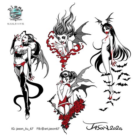 sketches of vampire women as reference for tattoo designs Vampire Tattoo Ideas, Vampire Tattoo Designs, Tattoo Ideas Simple, Vampire Tattoo, Z Tattoo, Bat Tattoo, Traditional Tattoo Sleeve, Japan Tattoo Design, Magic Tattoo