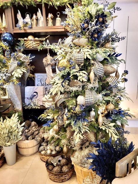 Blue blueberries pinecones gold Christmas tree decor blue and gold tree decor blue Christmas Blue Christmas Tree Decor, Blue Christmas Tree Decorations, Floral Tree, Summer House Garden, Blue Christmas Tree, Tree Decorating, Flocked Christmas Trees, Gingerbread Christmas, 2023 Christmas