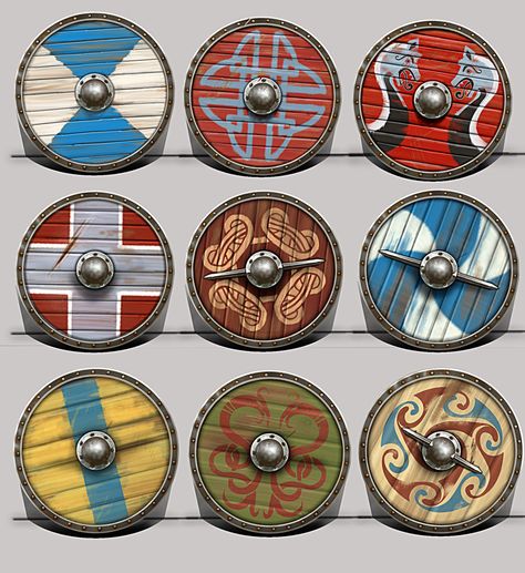 Viking shields, Mikael Lav~. on ArtStation at https://www.artstation.com/artwork/8ZyPq For Honor Viking, Viking Shield Design, Shield Template, Escudo Viking, Viking Shields, Shield Designs, Viking Party, Arte Viking, Viking Longship