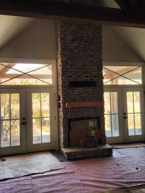 Fireplace With French Doors On Each Side, Fireplace Between French Doors, Fireplace Between Two Doors, Door Next To Fireplace, Fireplace Doors, Barn Kitchen, New Home Build, Shipping Container House, Fireplace Ideas