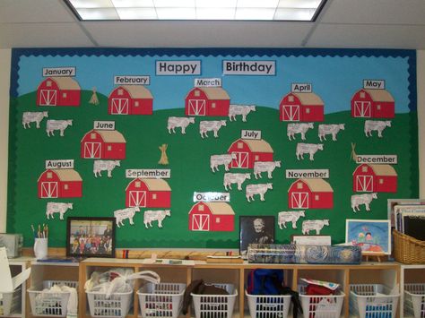 Farm birthday board Farm Birthday Board Classroom, Barnyard Classroom, Birthday Display Board, Farm Classroom Theme, Birthday Board Classroom, Birthday Bulletin, Birthday Bulletin Boards, Birthday Wall, Birthday Display