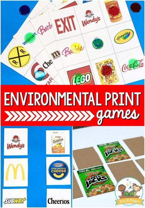 Environmental Print Games for Preschool Emergent Literacy Activities, Environmental Print Activities, Preschool Literacy Activities, High School Life Skills, Learning Activities For Preschool, Prep Classroom, Classroom Alphabet, Prek Literacy, Literacy Activities Preschool