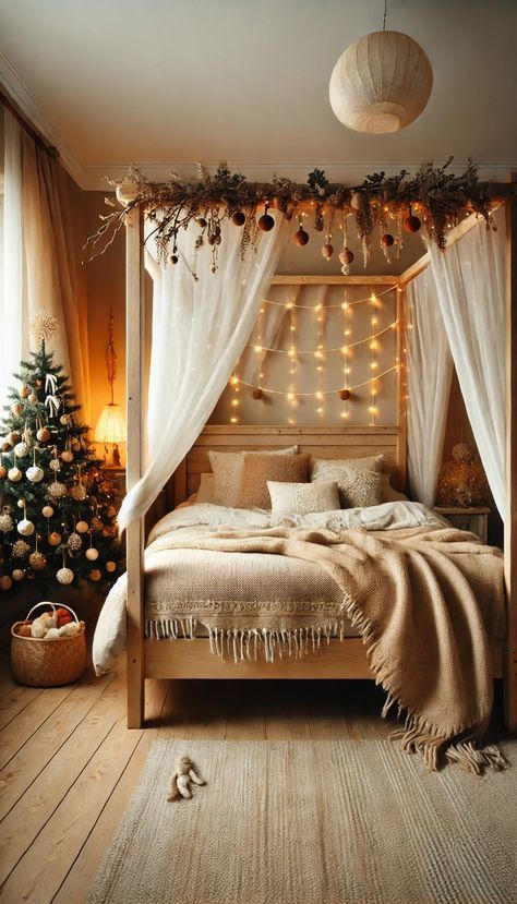 Tree Branch Canopy Bed Diy, Christmas Canopy Bed, Canopy Bed Christmas Decor, Lighted Bed Canopy, Rustic Canopy Bed Ideas, Canopy Bed With Vines, Log Bed Bedroom Decor, Garland Over Bed, Bedroom With Canopy Bed