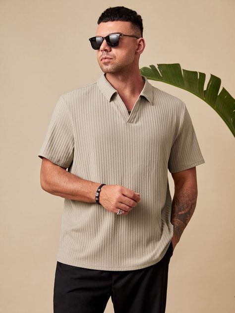 Free Returns ✓ Free Shipping On Orders $49+ ✓. Extended Sizes Men Solid Ribbed Knit Polo Shirt- Men Polo Shirts at SHEIN. Black Knit Shirt Outfit, Khaki Polo Outfit Mens Fashion, Tan Polo Shirt Outfit Men, Mens Knit Polo Shirt Outfit, Short Sleeve Dress Shirt Men Outfits, Plus Size Men Outfits Casual Summer, Knitted Shirts Men, Knit Polo Men Outfit, Business Casual Black Men