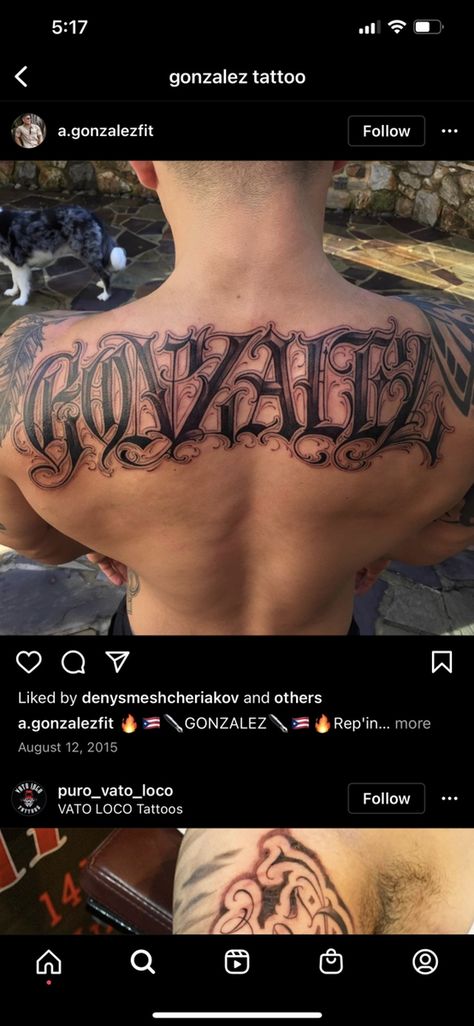 Chavez Tattoo Name, Mexican Name Tattoo, Torres Tattoo Last Name, Mexican Writing Tattoo, Back Last Name Tattoo Men, Back Name Tattoos For Guys, Name Back Tattoos For Men, Chest Writing Tattoos Men, Last Name Tattoos For Men On Back