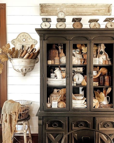 Family Of Animals, Hutch Styling, Vintage Fall Decor, Whisk Broom, Hutch Decor, Farmhouse Decor Kitchen, Dining Cabinet, Vintage Farmhouse Kitchen, Rolling Pins