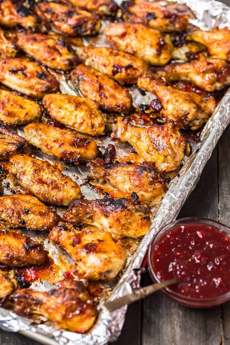 Cranberry Chicken Wings - The Cookie Rookie® Easy Bacon Wrapped Shrimp, Buffalo Wings Recipe Baked, Wings Recipe Buffalo, Jellied Cranberry Sauce, Honey Bbq Chicken, Baked Wings, Cranberry Chicken, Christmas Appetizers Party, The Cookie Rookie