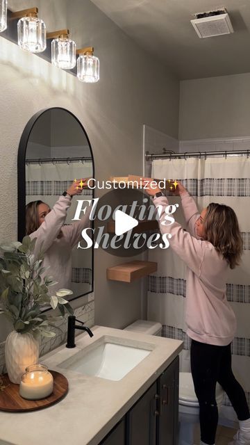 Aubrey Booth | DIY & Life on Instagram: "Bathroom makeover is just about wrapped 👏

I’m loving the color of these shelves next to the concrete counter & all of their functionality! 

Everything I used is in my bio under LTK! ⬅️

Drop any questions below! 💕" Bathroom Remodel Floating Shelves, Floating Shelves As Vanity, Decorating Floating Shelves Bathroom, Bathroom Vanity Backsplash Shelf, Floating Shelf Vanity Diy, Diy Floating Shelves Bathroom, Floating Shelves In Bathroom, Wood Vanity Concrete Countertop, Diy Bathroom Shelves