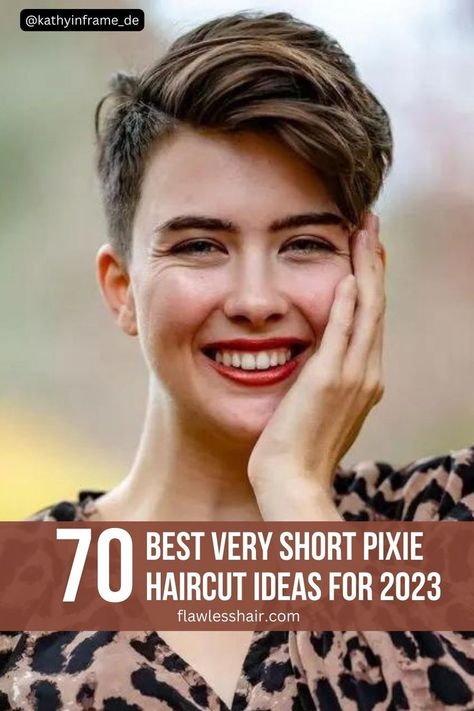 Very short pixie haircut with longer bangs, a bold and chic choice. #pixiehaircut #shortpixie Pixie Short On Sides Long On Top, Short Hair Styles Undercut Pixie Haircuts Shaved Sides, Short Feminine Pixie Haircut, Short Pixie With Side Bangs, Pixie Haircut Long On Top Short On Sides, Asymetrical Haircut Short Edgy, Pixie Haircut For Thick Hair Over 50, Super Short Feminine Haircuts, Pixie 2023 Trends