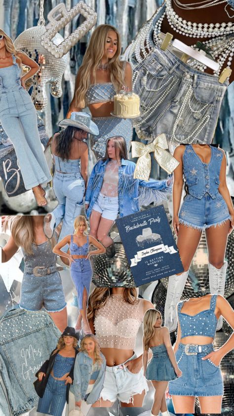 lauren’s bachelorette trip Denim And Diamonds Bachelorette Outfit, Denim Cowgirl Outfit Bachelorette, Jean Bachelorette Outfit, Blue Jean Bachelorette Party, Disco Denim Bachelorette, Diamonds And Denim Bachelorette, Bachelorette Blue Theme Outfits, Denim Nashville Bachelorette, Denim Bachelorette