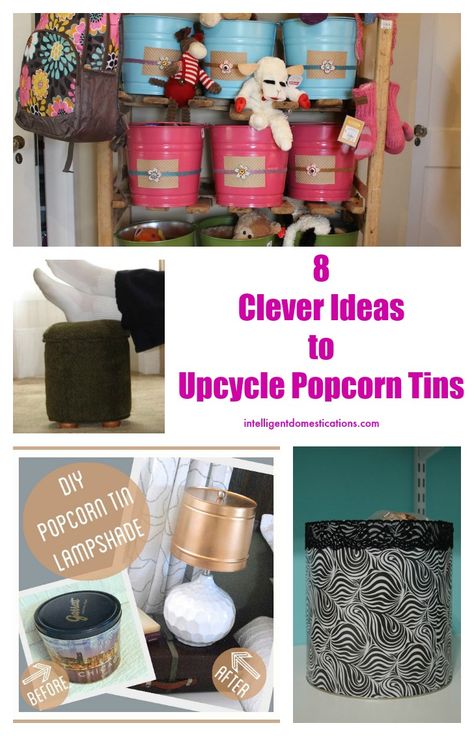 Do you have a half eaten popcorn tin remaining from the holiday season? Don’t you just hate to throw them away. They seem so useful. Here are 8 Clever Ideas to Upcycle Popcorn Tins! Make a lampshade! Love this idea, it’s so creative. Paint, fabric, pin holes, Mod Podge design to match your room, there are … Christmas Popcorn Tins, Upcycle Baby, Popcorn Tins, Upcycling Crafts, Tin Crafts, Diy Popcorn, Make A Lampshade, Popcorn Tin, Paint Fabric