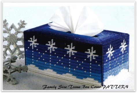 Tissue Topper Pattern, Plastic Canvas - PDF PC303621 - Fits Family Size Tissue Box by MsBobbies on Etsy Christmas Plastic Canvas, Kleenex Box Cover, Snowy Night, Plastic Canvas Pattern, Tissue Cover, Plastic Canvas Ornaments, Yarn Storage, Plastic Canvas Tissue Boxes, Crafts For Seniors