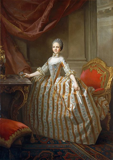 Maria Luisa of Parma (1751–1819), Later Queen of Spain  Laurent Pécheux  (French, Lyons 1729–1821 Turin)    Date:      1765  Medium:      Oil on canvas  Dimensions:      90 7/8 x 64 3/4 in. (230.8 x 164.5 cm)  Classification:      Paintings  Credit Line:      Bequest of Annie C. Kane, 1926  Accession Number:      26.260.9 Antoine Pesne, 1700s Clothing, Queen Of Spain, Rococo Art, 18th Century Fashion, Pompadour, Parma, Marie Antoinette, Custom Posters