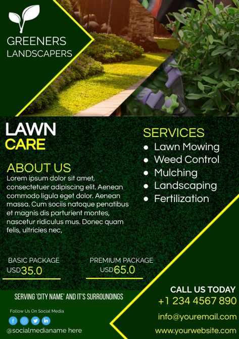 Lawn Care Flyers, Social Media Posting Schedule, Lawn Service, Social Media Schedule, Landscape Services, Premium Packaging, Online Ads, Custom Fonts, Free Templates