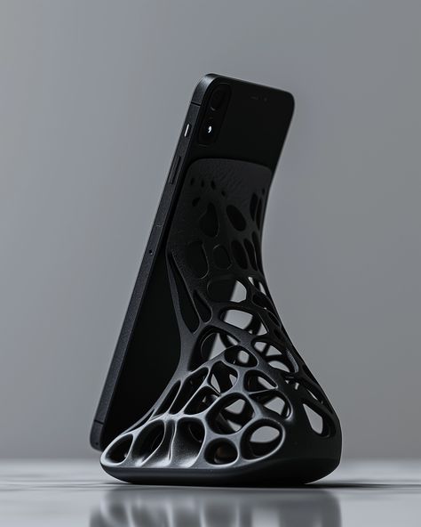 a futuristic phone stand, a product photograph of an advanced, 3d printed phone stand, black PLA, intricate lighting --v 6   --style raw 3d Printing Phone Stand, Phone Stand 3d Print, Futuristic Industrial Design, Functional 3d Prints, Industrial Design Product Ideas, Phone Stand Ideas, Ideas Impresion 3d, 3d Printer Projects Ideas, Cute 3d Printing Ideas