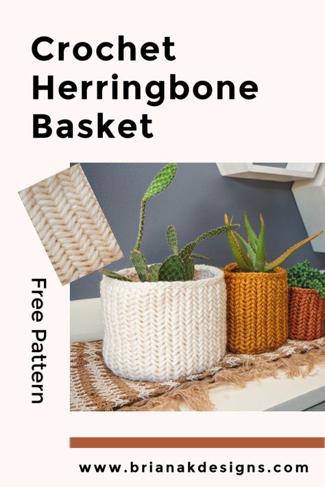 These Herringbone Crochet Baskets can also be a plant cozy by merely omitting the plant base. Not having the bottom can be helpful if your plant sits on a water tray. And don’t be afraid to play with sizing. The crochet basket pattern is very flexible to fit your needs. I also think this makes a cute storage basket for any room in the house and is a textured & soft home decor piece. #crochet #crochetpattern #freecrochet #crochetfree #crochetbasket Crochet Herringbone, Plant Cozy, Cottage Crochet, Scrap Crochet, Basket Patterns, Spring Crochet, Knitting Crafts, Crochet Basket Pattern Free, Crochet Storage Baskets