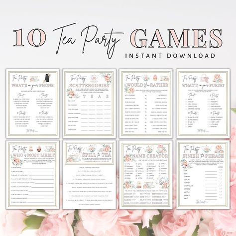 Tea Party Games Printable, Tea Party Activities, Ladies Tea Party Games, Tea Party Bundle, Pink Tea Party Games, Tea Party Game, Tea Party - Etsy Ladies Tea Party, Tea Party Activities, Party Games Printable, Tea Party Games, Tea Party Sandwiches, Pink Tea Party, Victorian Tea Party, Tea Party Tea, Kids Tea Party