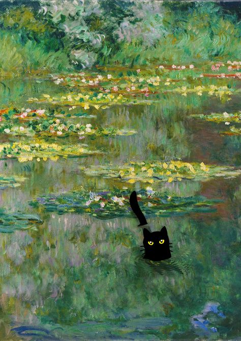 Monet Waterlily Black Cat Print Wall Art Monet, Cats In Paintings, Poster Colour Art, Print Out Wall Art, Monet Prints, Walk Print, Black Cat Poster, Cute Posters, Black Kitties