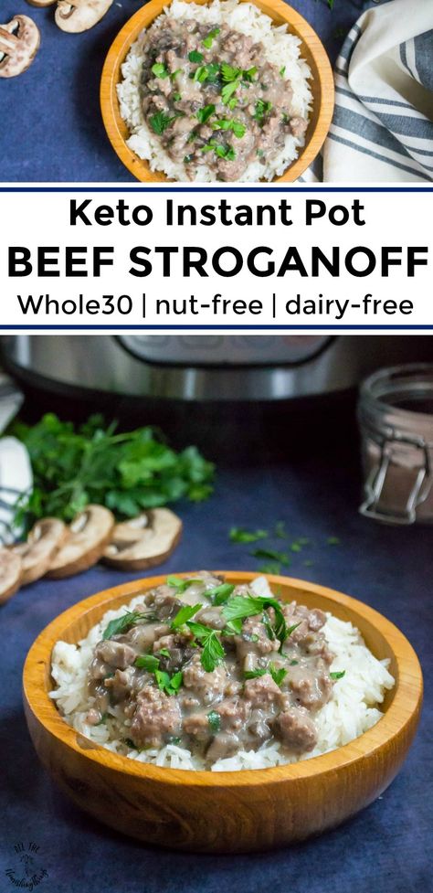 Here's a paleo, Whole30, and Keto Instant Pot Beef Stroganoff -- the ultimate healthy comfort food! This keto beef stroganoff recipe is jam-packed with veggies, with a "secret" veggie that makes it so creamy and hearty, meaty and filling, but dairy-free and nut-free! #allthenourishingthings #instantpot #instantpotrecipes #keto #ketorecipes #beefstroganoff #dairyfree #whole30 Keto Beef Stroganoff, Instant Pot Beef Stroganoff, Low Carb Instant Pot Recipes, Keto Instant Pot, Beef Stroganoff Recipe, Keto Beef, Healthy Comfort, Stroganoff Recipe, Potted Beef