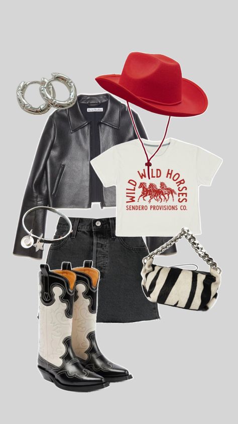 Leather jacket western top red cowboy hat and leather ganni boots zebra bag denim skirt silver jewellery ⭐️🪩🪞 Western Cowboy Outfit, Outfit Inspo Stockholm, Ganni Boots, Zebra Bag, Red Cowboy Hat, Cowboy Outfit, Western Top, Stockholm Style, Western Tops