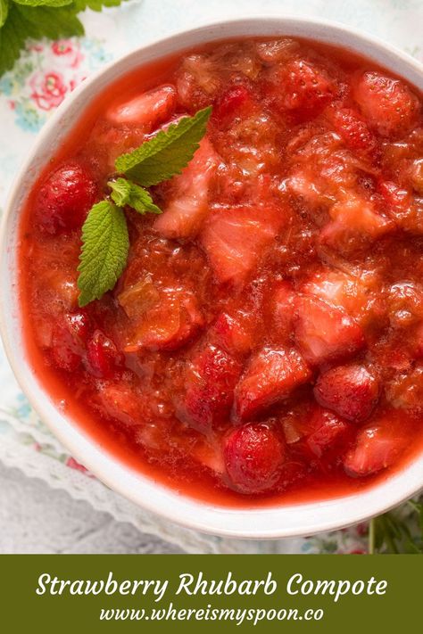 Strawberry Rhubarb Compote! This vibrant and versatile recipe truly celebrates the season, combining two classic flavors in just one simple dish. #whereismyspoon #strawberryrhubarbcompote #rhubarbstrawberrycompote #strawberryrhubarbsauce #rhubarbstrawberrysauce #stewedrhubarbstrawberries #stewedrhubarb #rhubarbsauce #rhubarbdessert #strawberrysauce #strawberrydessert #rhubarbrecipes Rhubarb And Apple Crumble, Baked Fruit Desserts, Fruit Deserts, Strawberry Rhubarb Recipes, Strawberry Rhubarb Sauce, Apricot Dessert, Strawberry Rhubarb Compote, Roasted Pears, Artistic Food