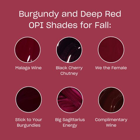 Now trending: burgundy nails 🥀🍷 Deep plum, juicy red, or dark and vampy… what’s your fall vibe? 🍂 Swipe ▶️ to explore all our burgundy shades and press-on sets! Opi Deep Red Nail Polish, Dark Red Opi Gel Polish, Opi Burgundy, Opi Dark Red, Dark Plum Nails, Deep Burgundy Nails, Maroon Nail Polish, Chrome Nails Opi, Oxblood Nails