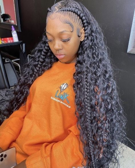 Two Braids With Sew In Weave, Hairstyles Braids Black, Sew In Hairstyles, Black Ponytail Hairstyles, Birthday Hairstyles, African Hair Braiding Styles, Quick Weave Hairstyles, Braided Cornrow Hairstyles, Braids Hairstyles Pictures