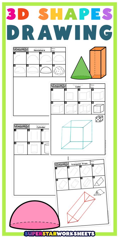 Free 3D Shapes Drawing printables! Our worksheets will teach students how to draw 3d shapes. Drawing 3d shapes is a great skill for children to learn. When drawing shapes in 3d students will better understand the dimensions of objects. #superstarworksheets #free #printables #shapes #drawing #3D How To Draw 3d Shapes, 3d Shapes Drawing, Draw 3d Shapes, Shape Activities Kindergarten, 3d Shapes Activities, 3d Shapes Worksheets, Drawing Shapes, Shapes Drawing, Kid Friendly Art