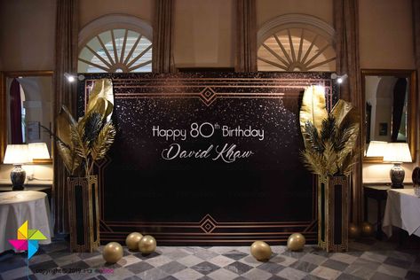 An elegant gold and black Great Gatsby themed photo backdrop wall for an 80th birthday celebration!   Designed by ParteeBoo - The Party Designers 1920s Photo Backdrop, Elegant 80th Birthday Party Decorations, Art Deco Photo Backdrop, Great Gatsby Backdrop Ideas, Elegant 80th Birthday Party, Great Gatsby Backdrop, Gatsby Backdrop, Party Backdrop Ideas, Masquerade Party Themes