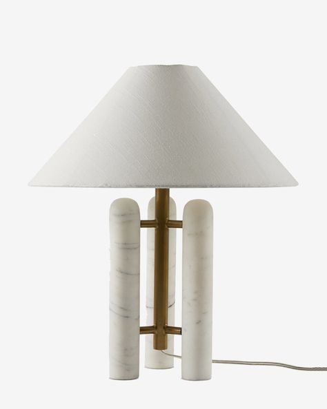 Refined and sculptural, the Medici Table Lamp is made from solid marble in a uniquely decorative design. Its white silk shade and stainless steel accents lend dimension and balance to the piece, elevating your decor. | McGee & Co. | Medici Table Lamp Marble Pillar, Becki Owens, Marble Columns, Marble Table Lamp, Construction Crafts, Mini Lamp, The Marble, Italian Marble, Four Hands