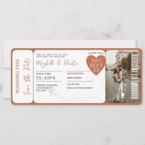 Destination Wedding Boarding Pass Plane Ticket  Invitation Plane Ticket Invitation, Ticket Save The Date, Airplane Ticket, Ticket Wedding Invitations, Unique Save The Dates, Plane Ticket, Modern Save The Dates, Airplane Tickets, Date Invitation